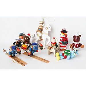 9 Vintage Wood Christmas Ornaments Wood Skiers Horse Toy Soldier Santa Sleigh